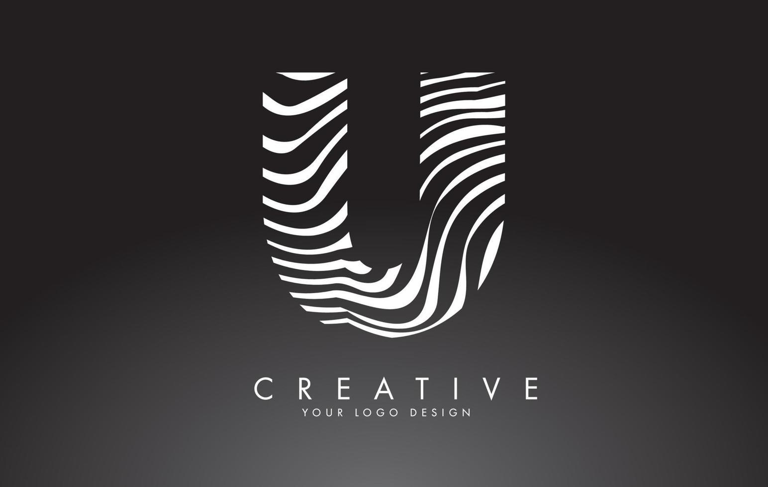 U Letter Logo Design with Fingerprint, black and white wood or Zebra texture on a Black Background. vector