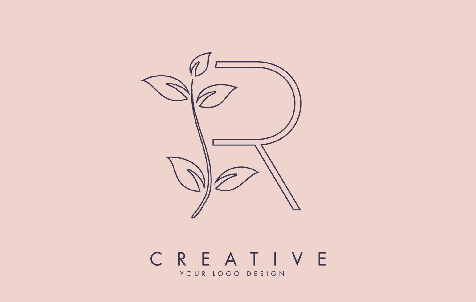 Outline Leaf Letter R Logo Design with Leaves on a Branch and Pink Background. Letter R with nature concept. vector
