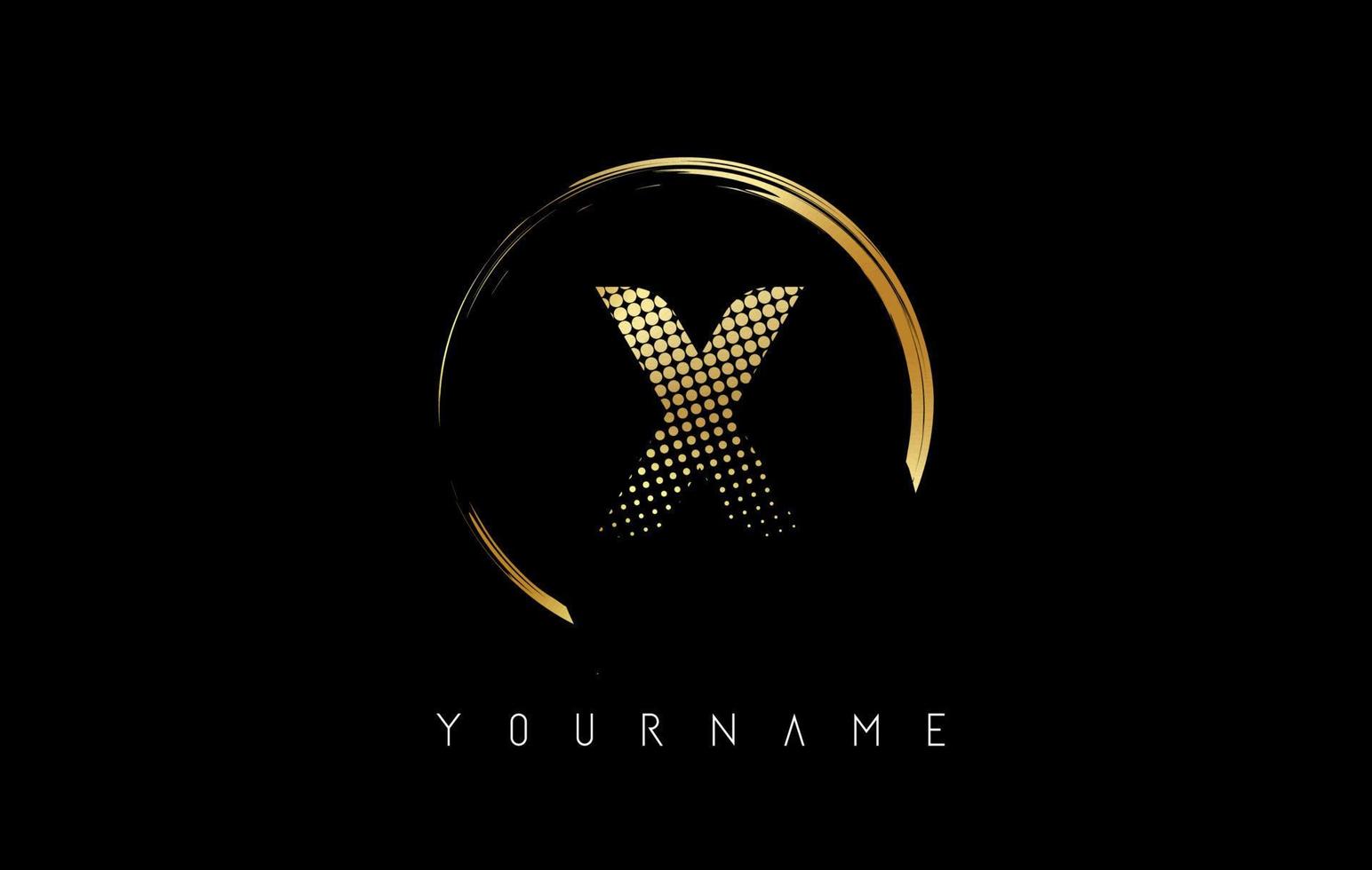 Golden X letter logo design with golden dots and circle frame on black background. vector