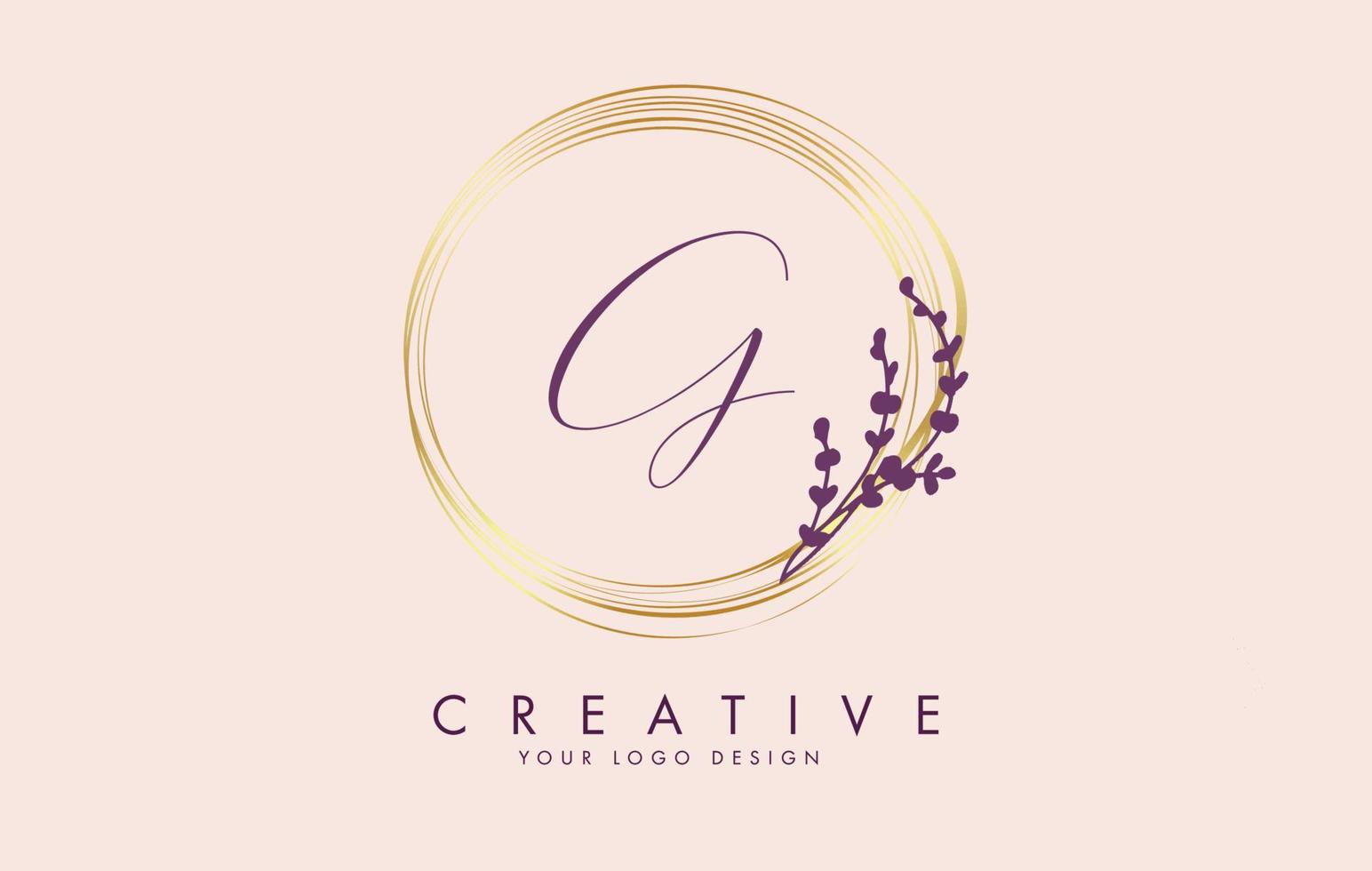 Handwritten G Letter logo design with golden circles and purple leaves on branches around. Vector Illustration with G letter.