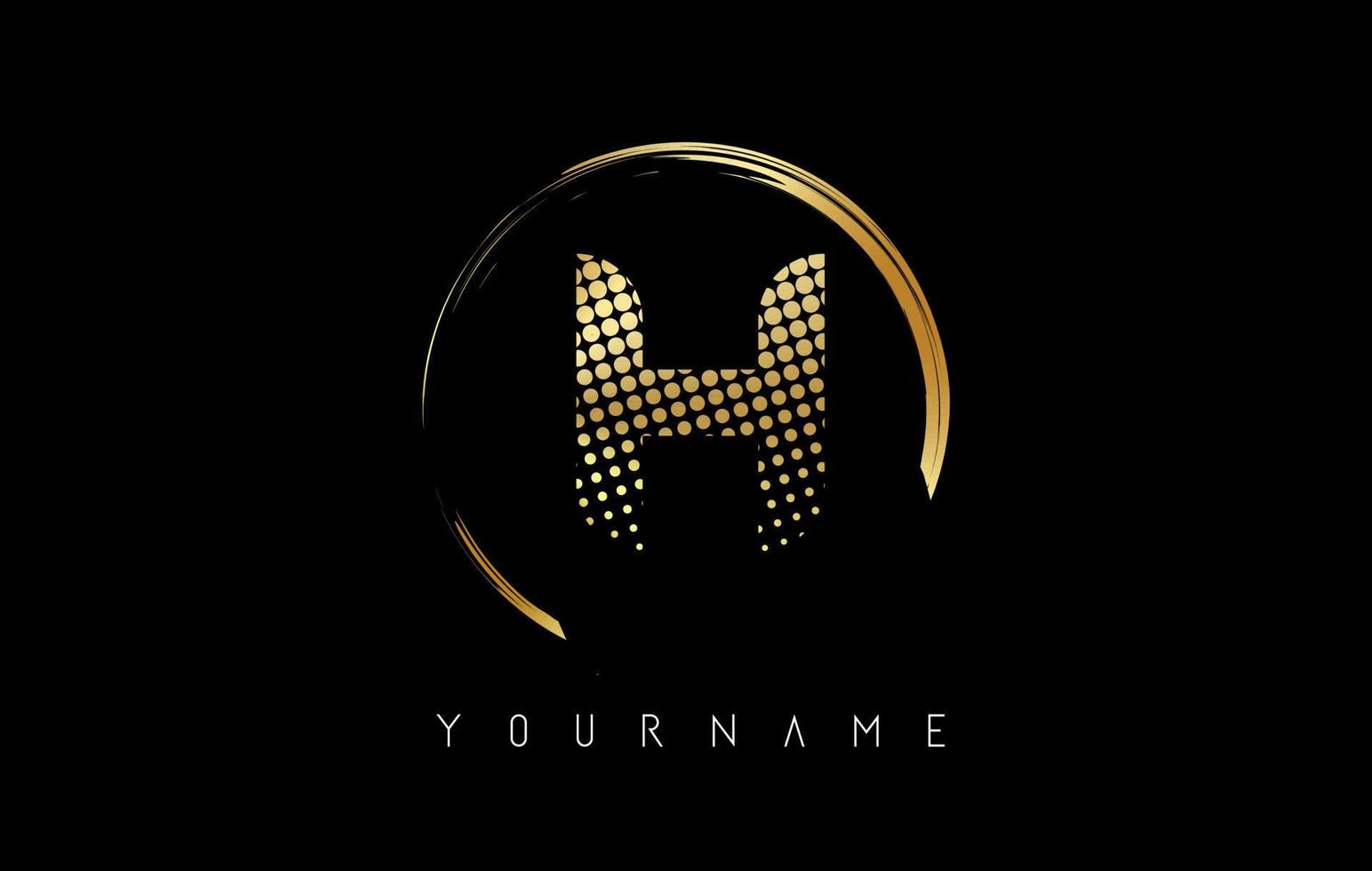 Golden H letter logo design with golden dots and circle frame on black background. vector