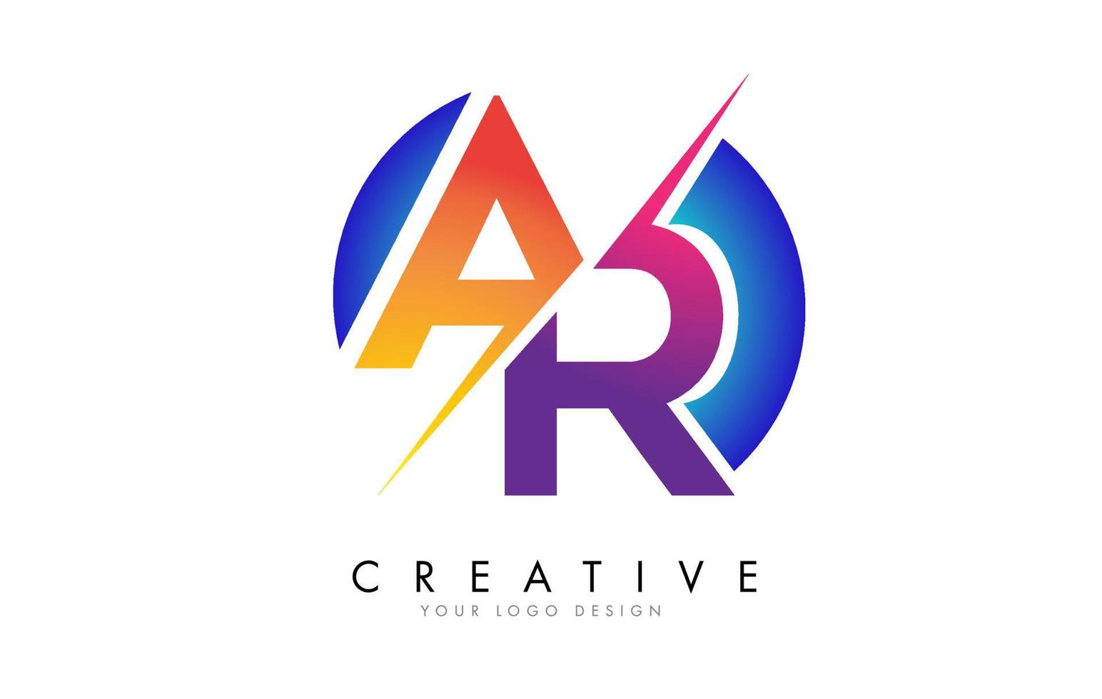 Diseño colorido del logotipo de la letra ar ar con un corte creativo y un fondo redondeado azul degradado. vector