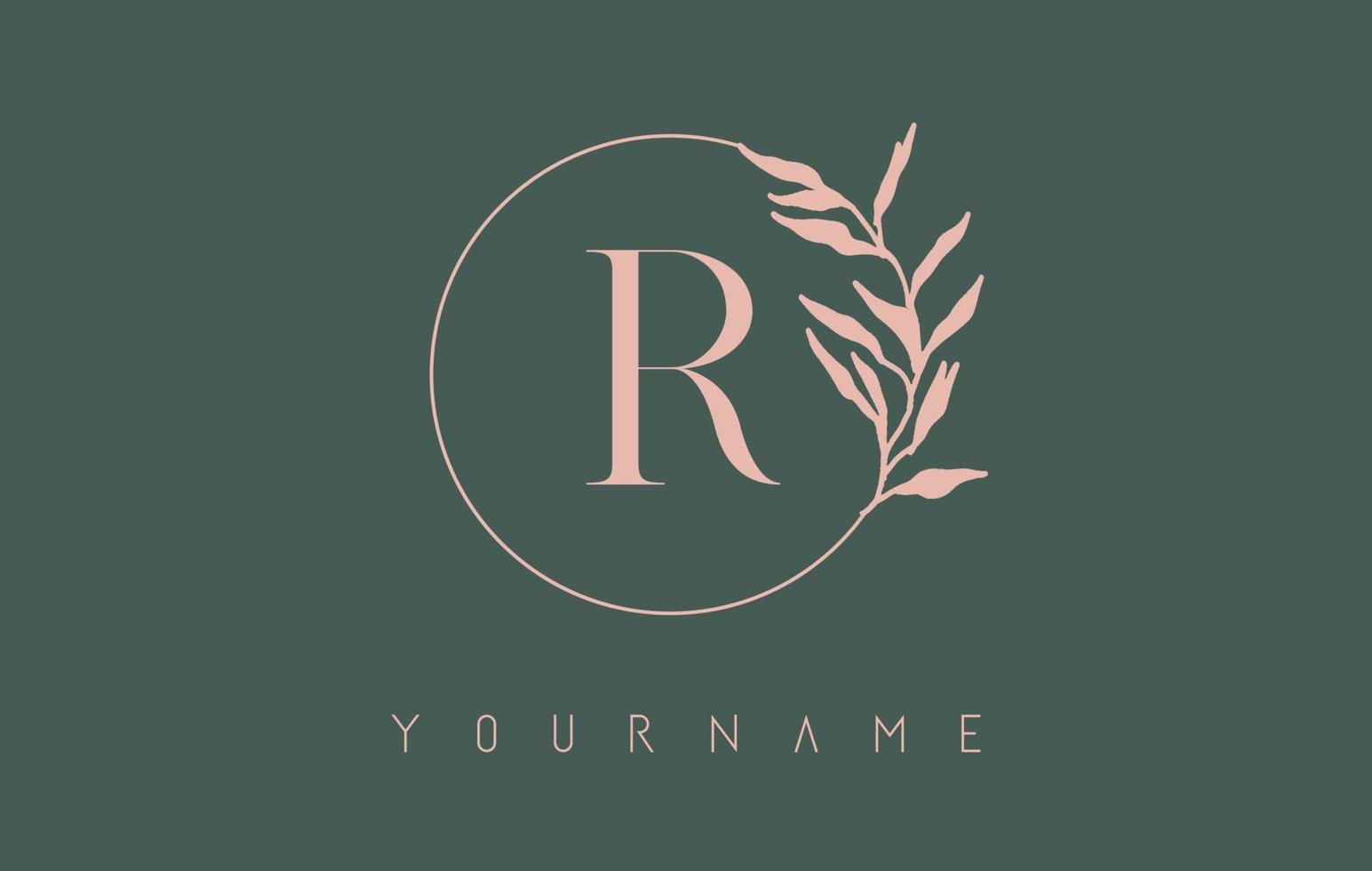 R Letter logo design with dust pink circle and leaves on a green background. Initial Letter R Vector Illustration with Botanical elements.
