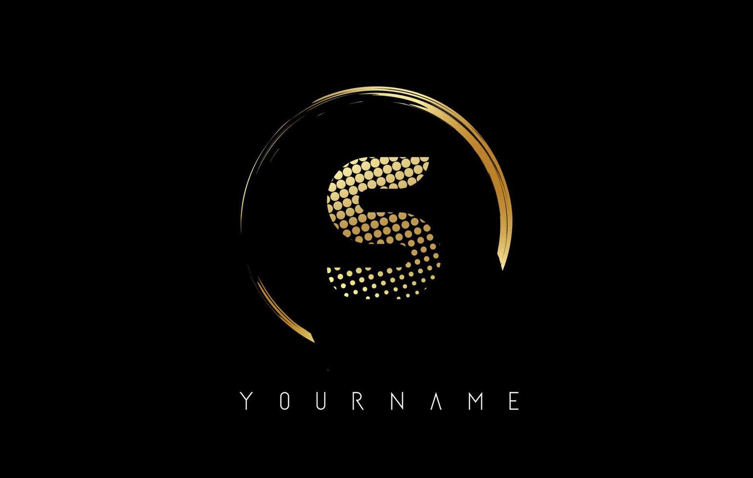 Golden S letter logo design with golden dots and circle frame on black background. vector