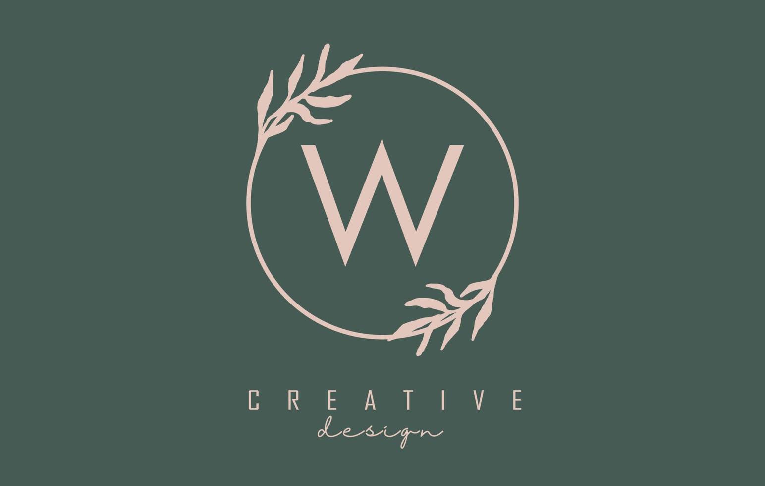 Letter W Logo with circle frame and pastel leaves design. Rounded vector illustration with letter W and pastel leaf.