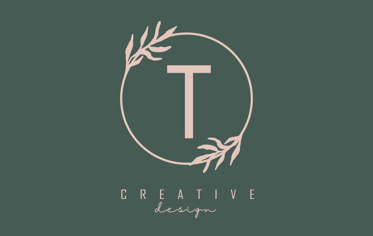 Letter T Logo with circle frame and pastel leaves design. Rounded vector illustration with letter T and pastel leaf.