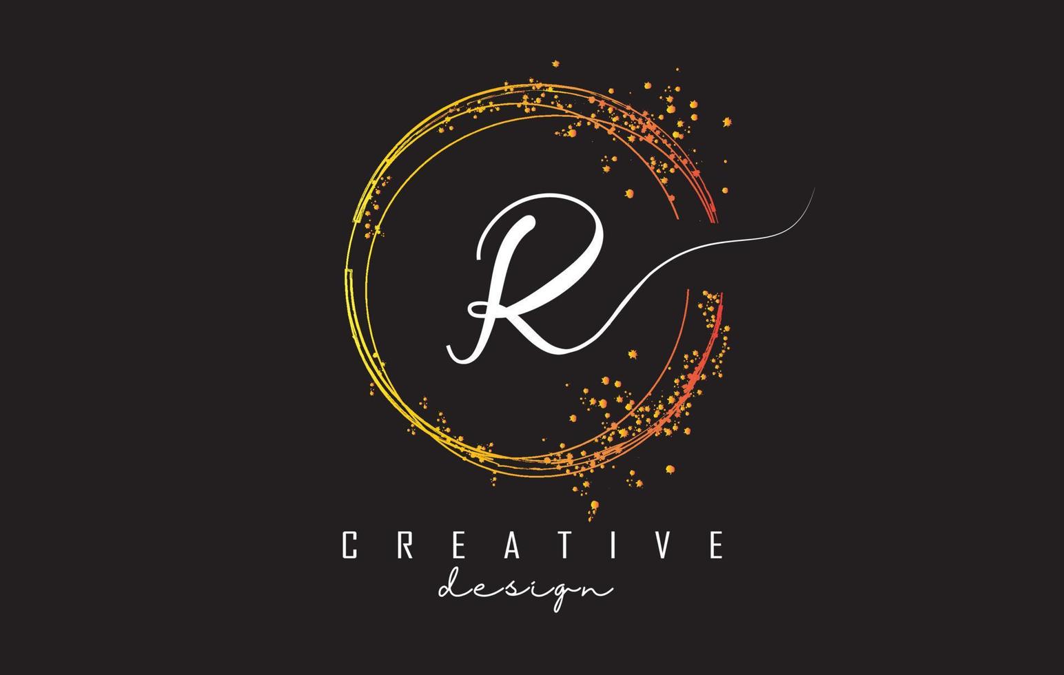 Golden sparkling circles and glitter frame for handwriting R letter logo. vector