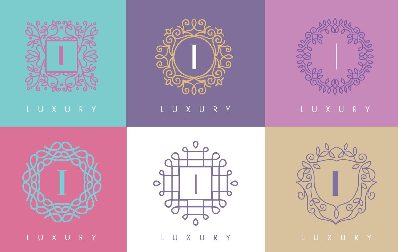 Diseño de logotipo de líneas de monograma floral pastel letra i. vector