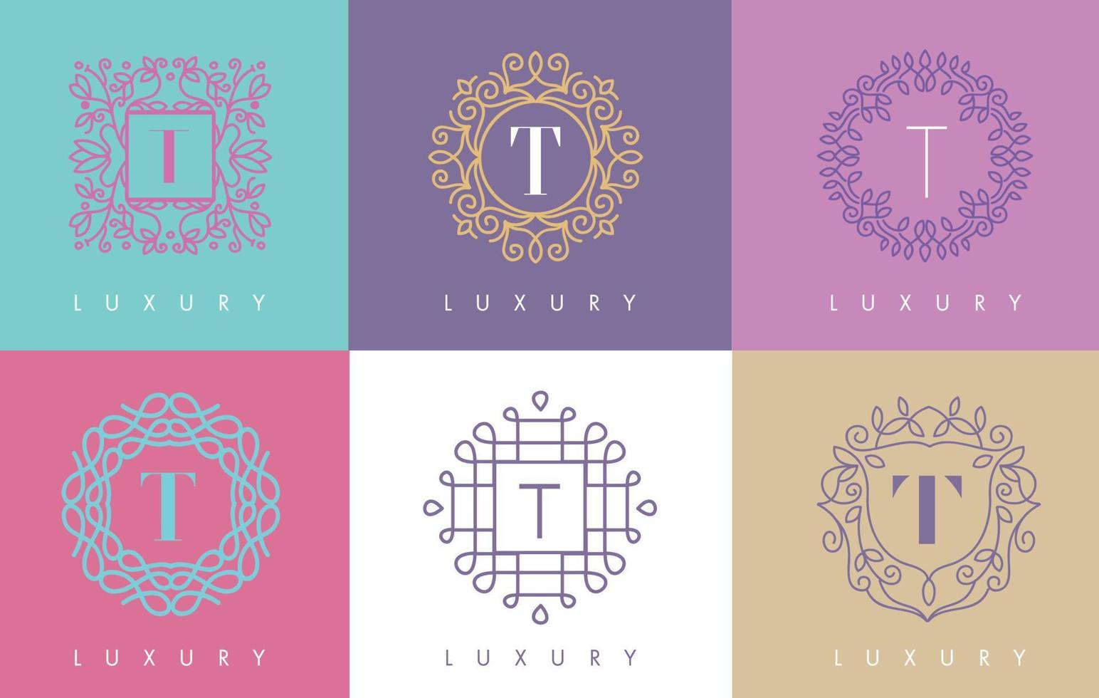 T Letter Pastel Floral Monogram Lines Logo Design. vector