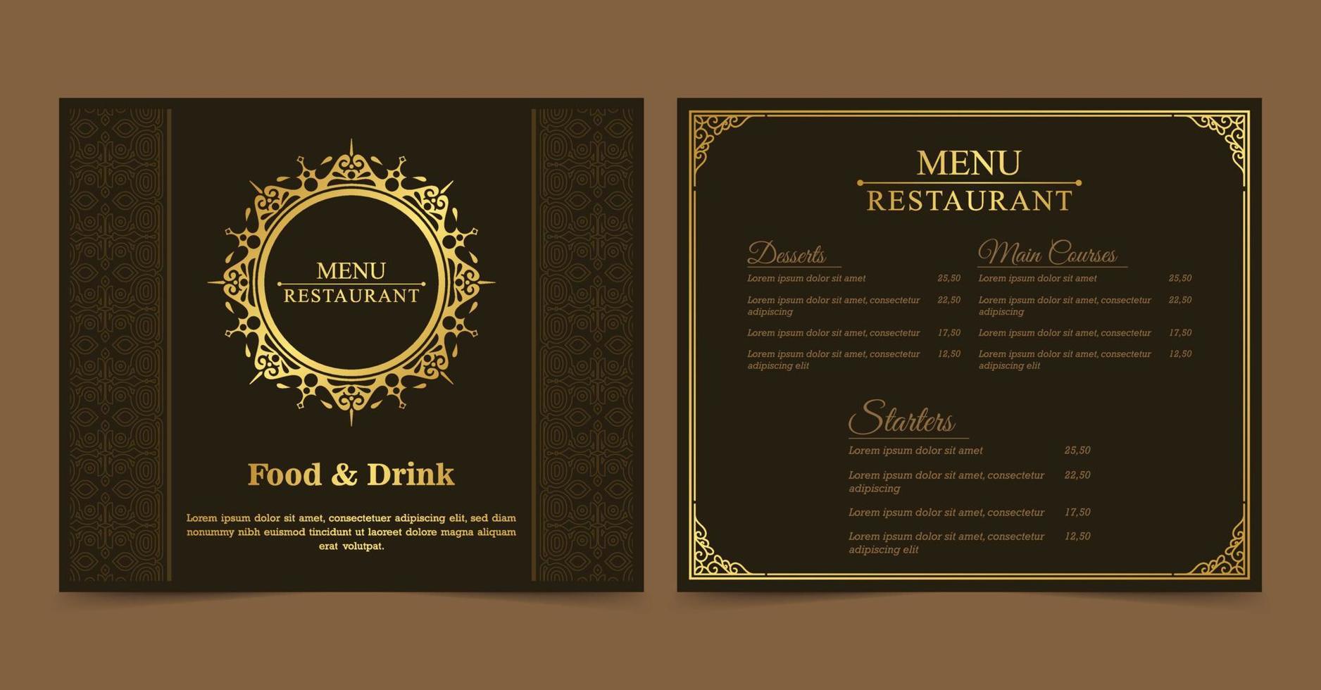 Restaurante de menú de lujo con elementos ornamentales. vector