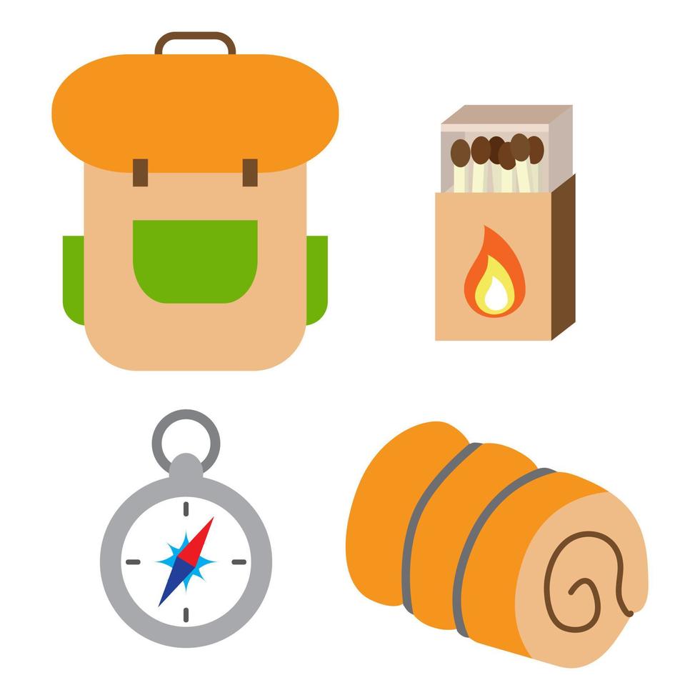 Set of touristic and camping equipment. Compass, backpack, matches box and sleeping bag. Things for active vacations. Luggage icons for travel, journey and hiking vector