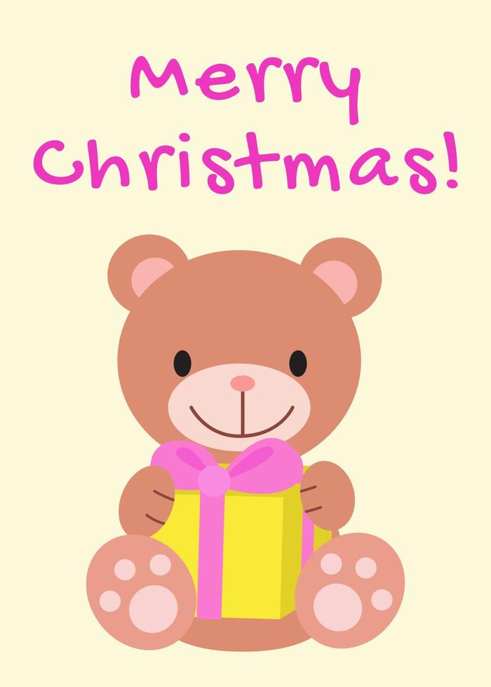 tarjeta de feliz navidad. lindo oso de peluche de dibujos animados con caja  de regalo. Ilustración