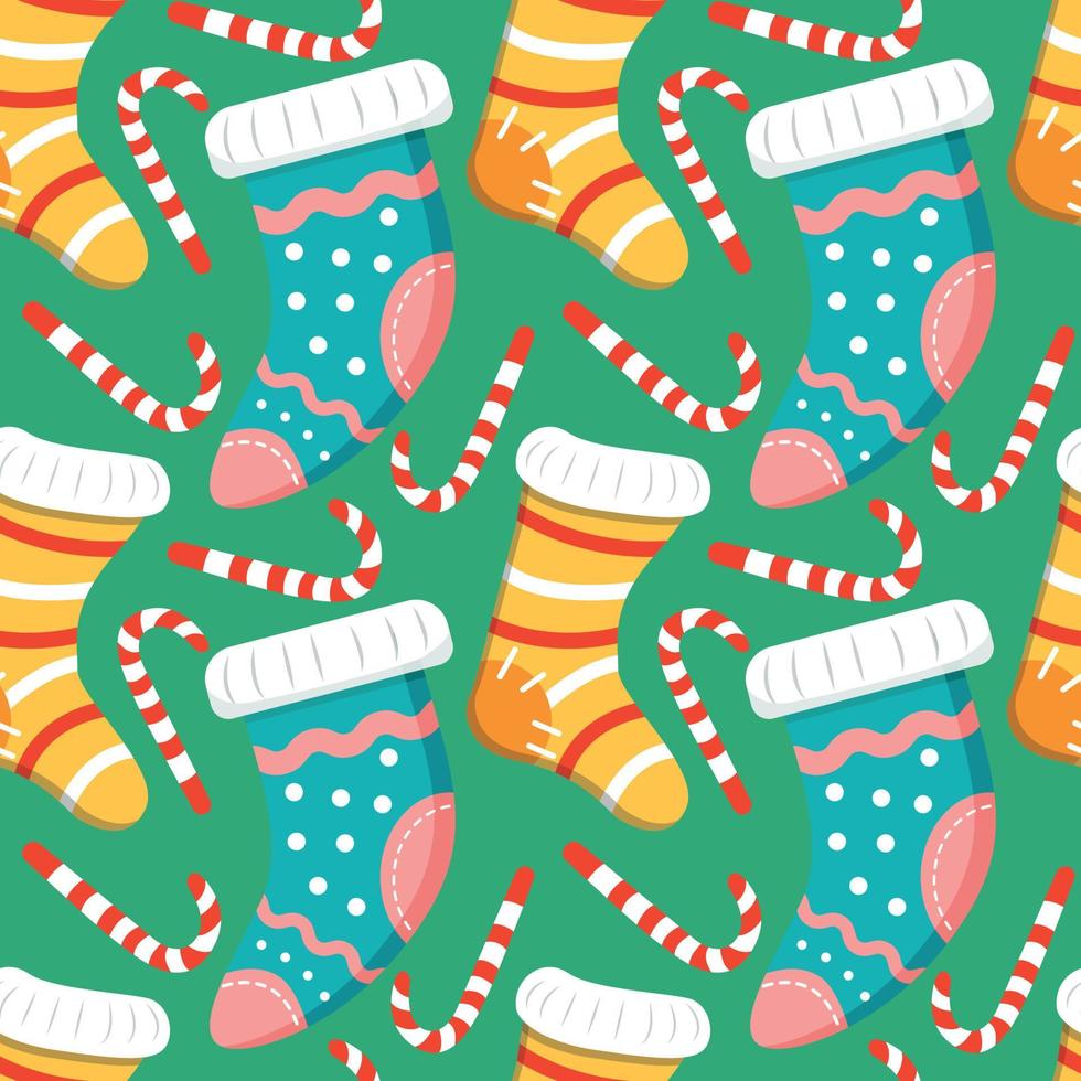 Seamless Christmas background with Christmas Knitted Socks with Patterns and candy cane striped vector