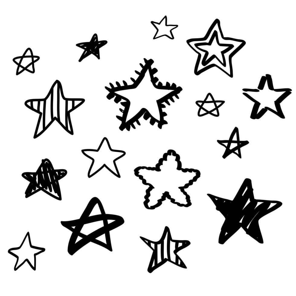 doodle líneas de impresión dibujadas a mano estrellas aisladas. boceto conjunto linda colección aislada. vector