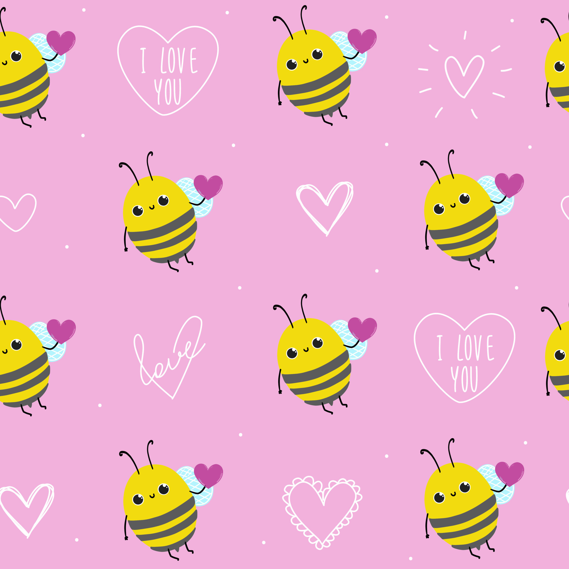 Cute doodle baby bee with heart text I love you pink seamless pattern  minimalist hand drawn. Summer texture, insect textiles, children wallpaper.  Valentine's day. 4879477 Vector Art at Vecteezy