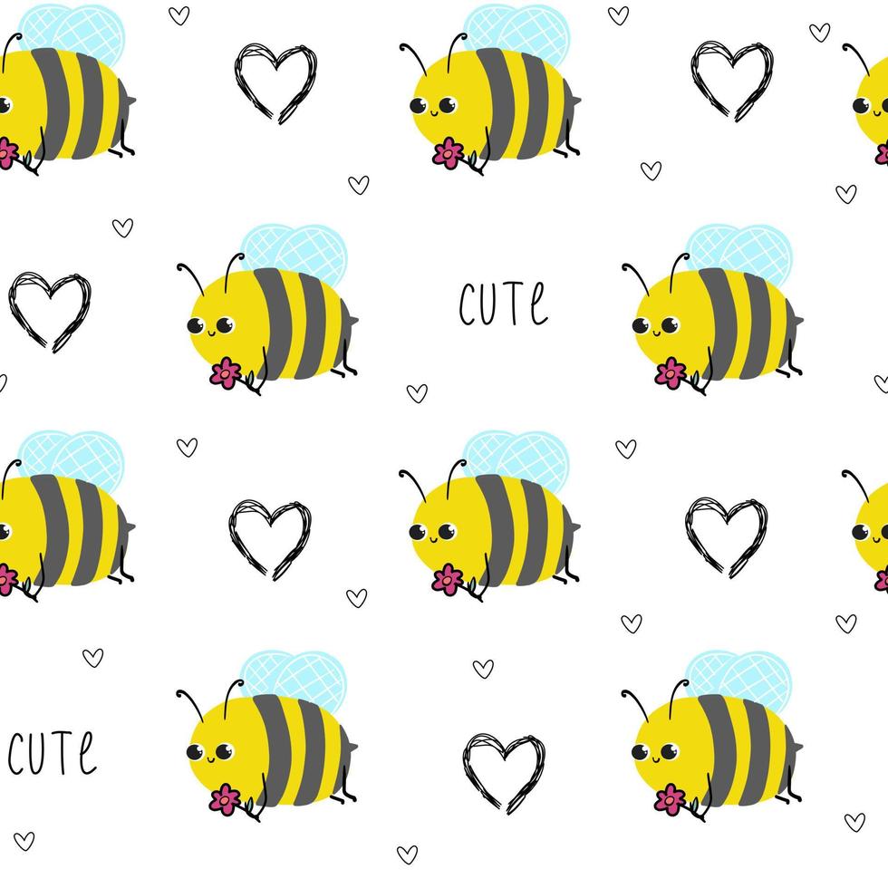 Cute doodle baby bee text white seamless pattern minimalist hand drawn hearts. Summer texture, insect textiles, children wallpaper. vector