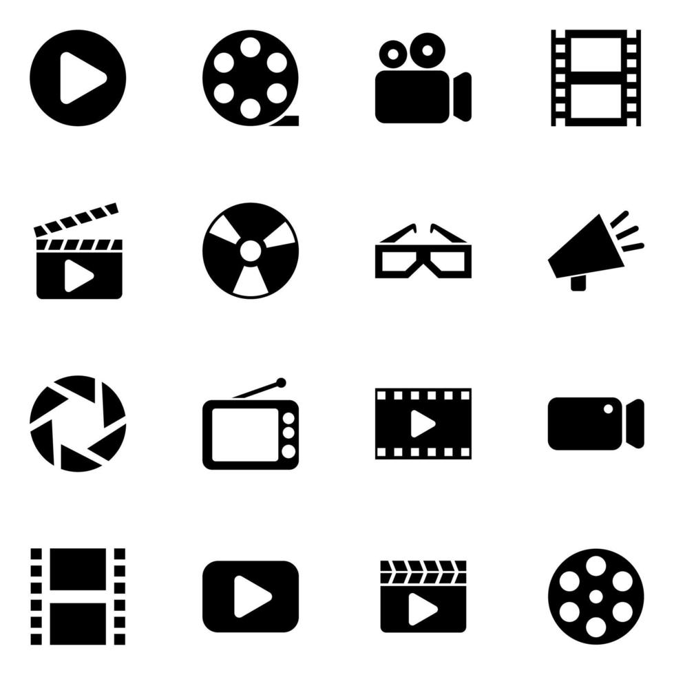 paquete de iconos de películas negras con fondo blanco vector