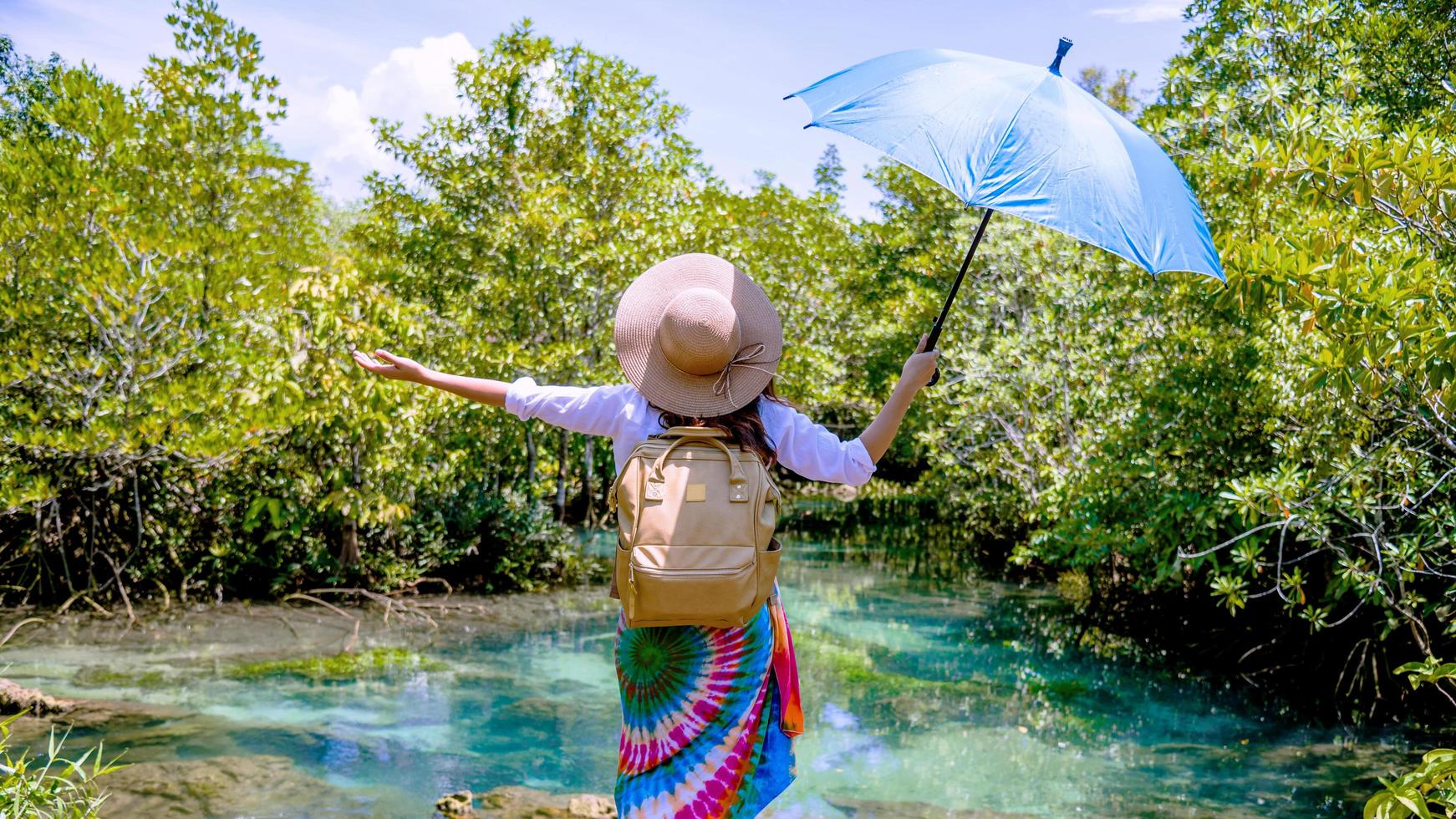 A young traveler girl relax in the holiday enjoying the beauty of nature lake mangrove forest at tha pom-klong-song-nam at krabi. summer, Travel, Thailand, freedom, Attractions. photo