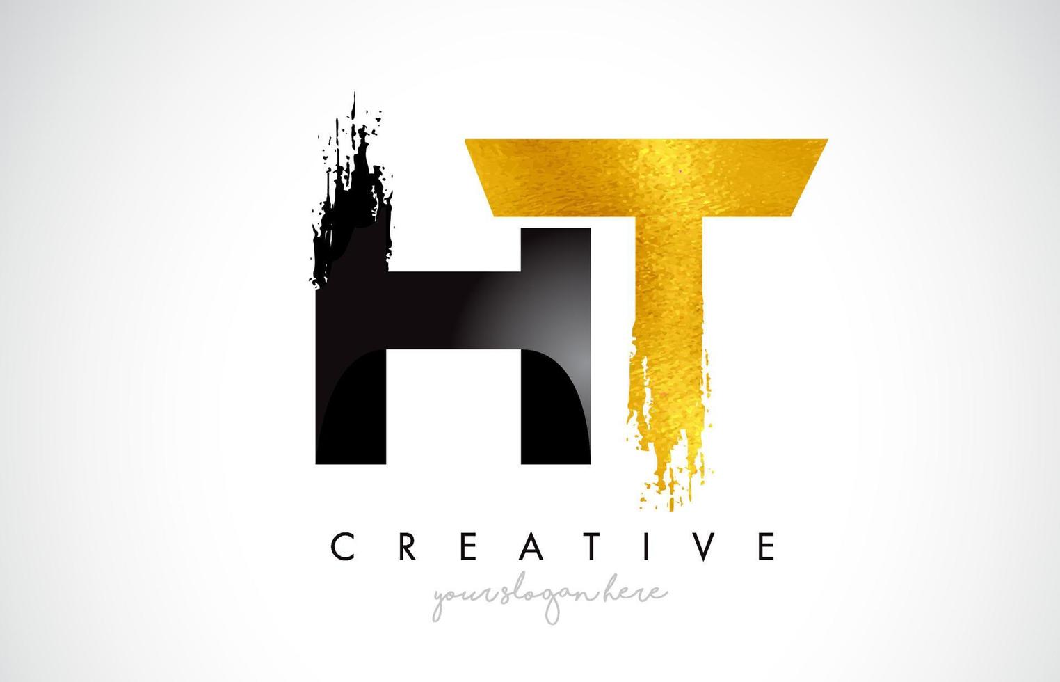 HT Letter Design with Black Golden Brush Stroke and Modern Look. vector