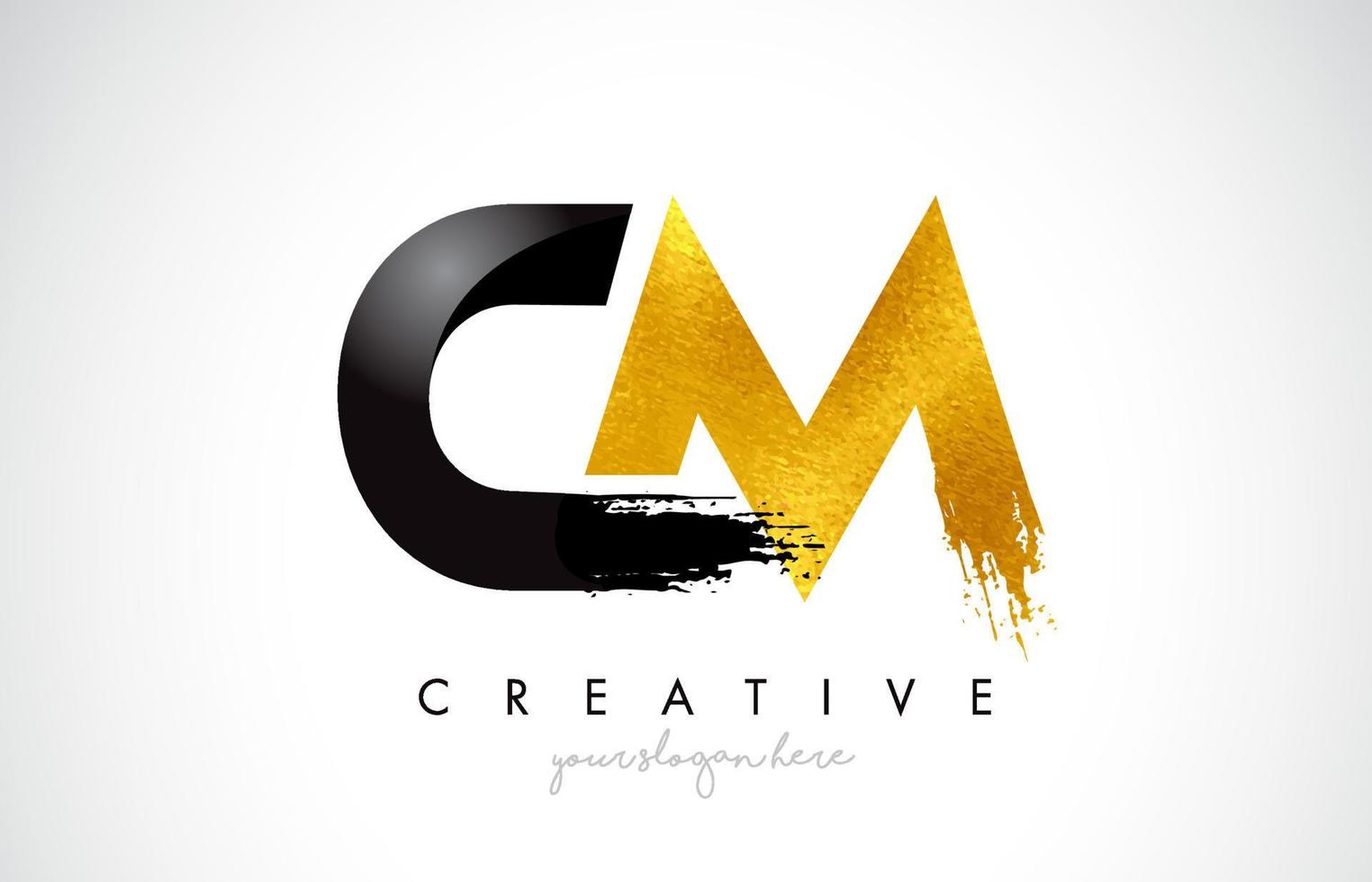 CM Letter Design with Black Golden Brush Stroke and Modern Look. vector