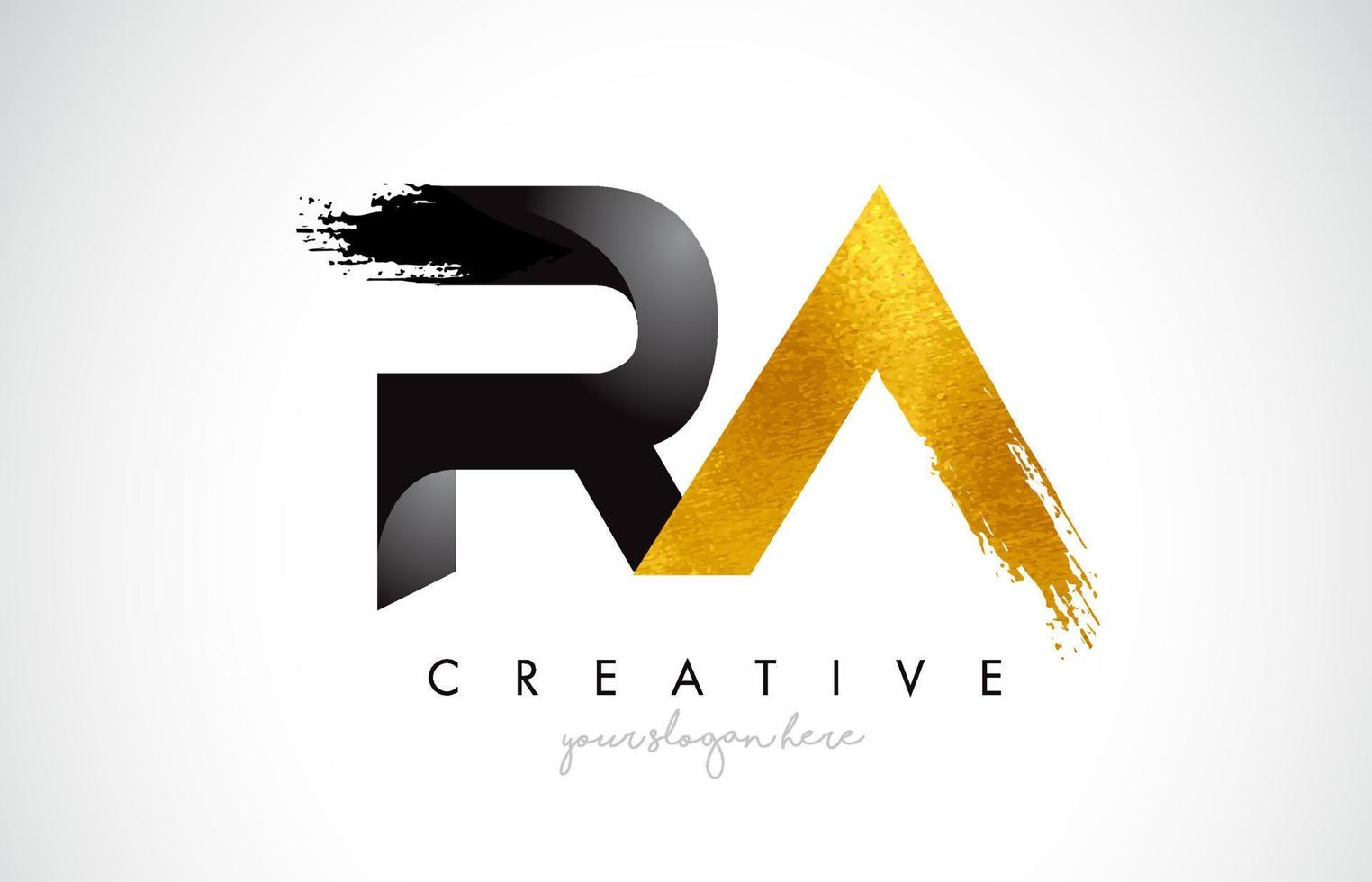 RA Letter Design with Black Golden Brush Stroke and Modern Look. vector