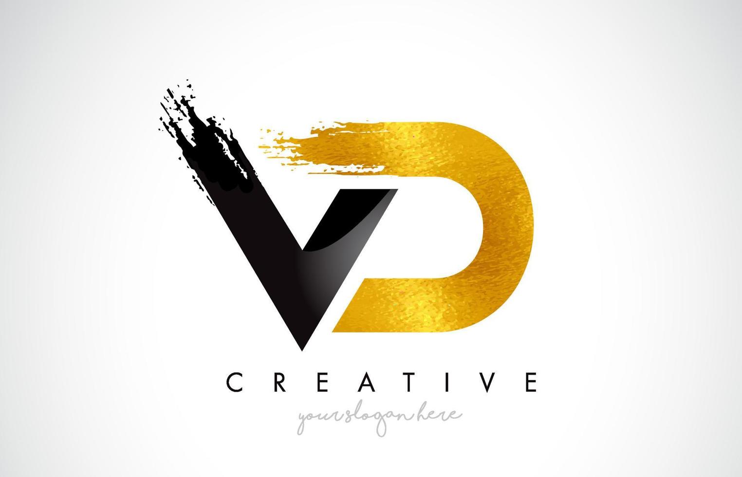 Diseño de letra vd con trazo de pincel dorado negro y aspecto moderno. vector