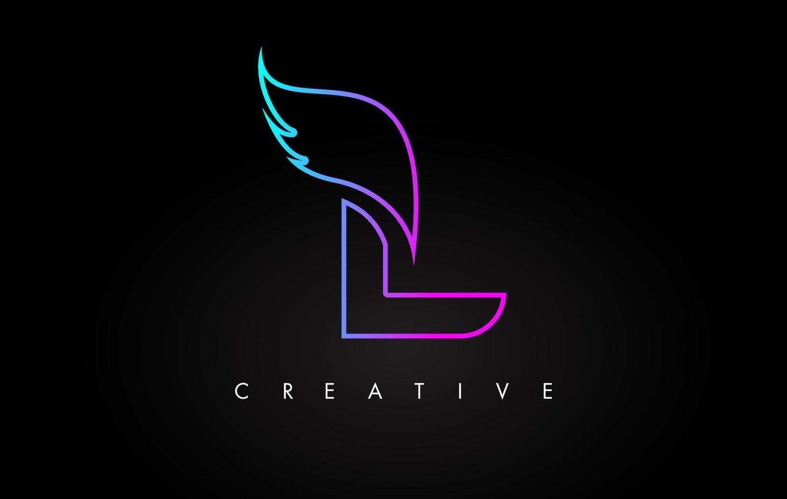 Diseño de icono de logotipo de letra l de neón con ala creativa en colores azul violeta magenta vector