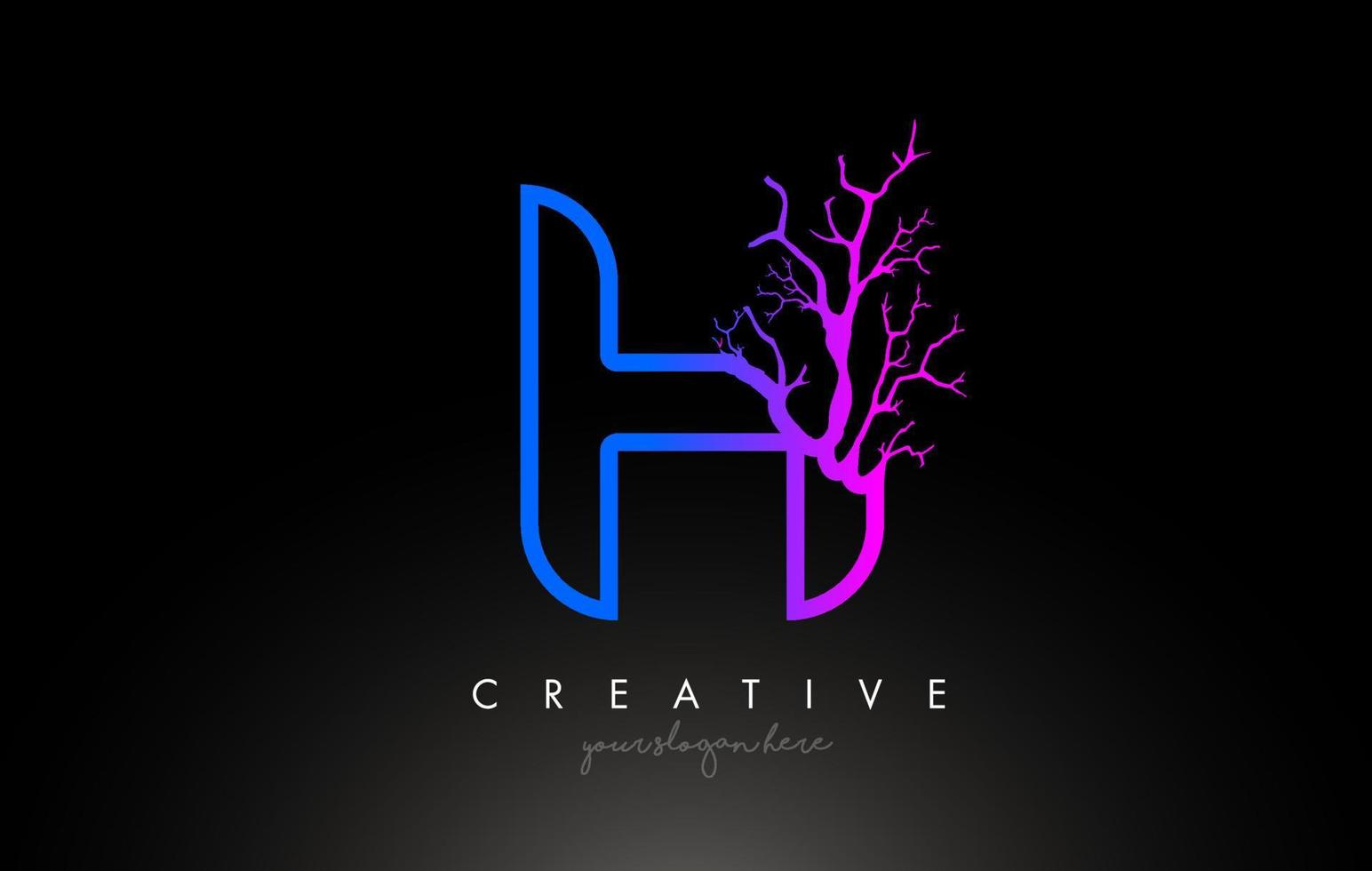 Tree Letter H Design Logo with Purple Blue Tree Branch. H Letter Tree Icon Logo vector