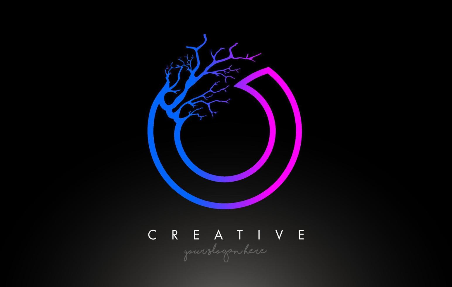 Logotipo de diseño de letra o de árbol con rama de árbol azul púrpura. logo de icono de árbol de letra o vector