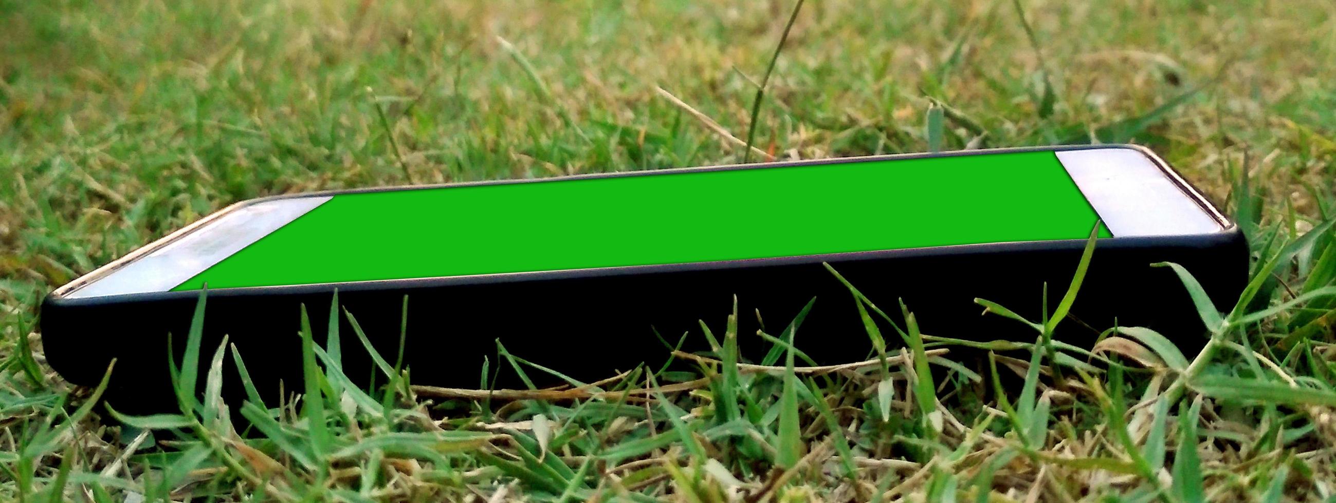 Mobile phone with a green screen lies in the grass photo