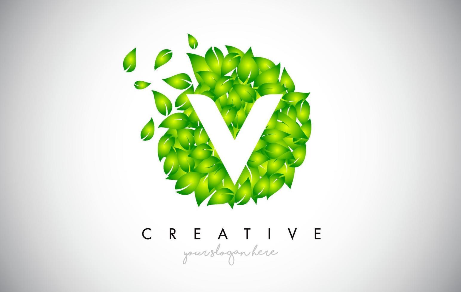 V Green Leaf Logo Design Eco Logo With Multiple Leafs Blowing in the Wind Icon Vector. vector