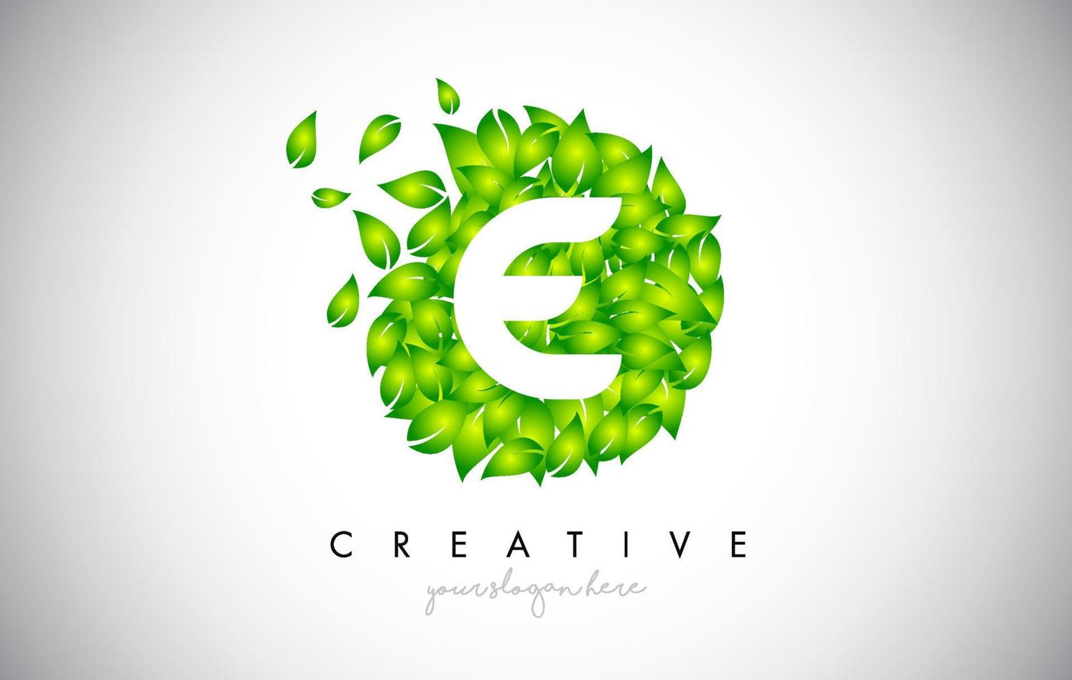 E Green Leaf Logo Design Eco Logo With Multiple Leafs Blowing in the Wind Icon Vector. vector