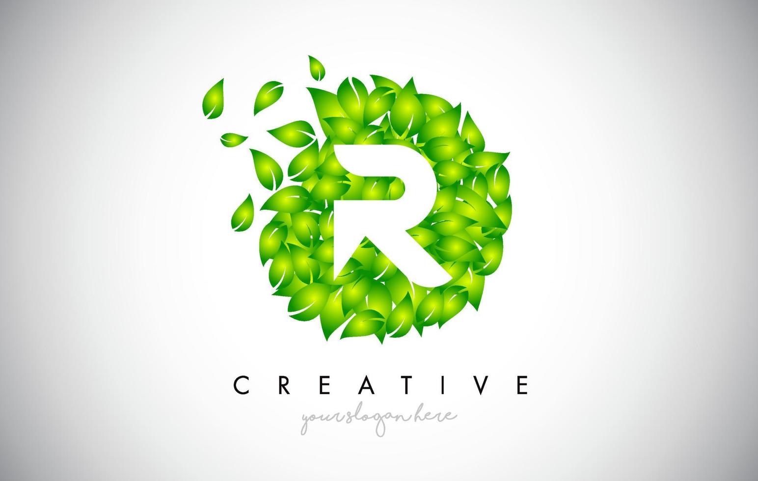 R Green Leaf Logo Design Eco Logo With Multiple Leafs Blowing in the Wind Icon Vector. vector
