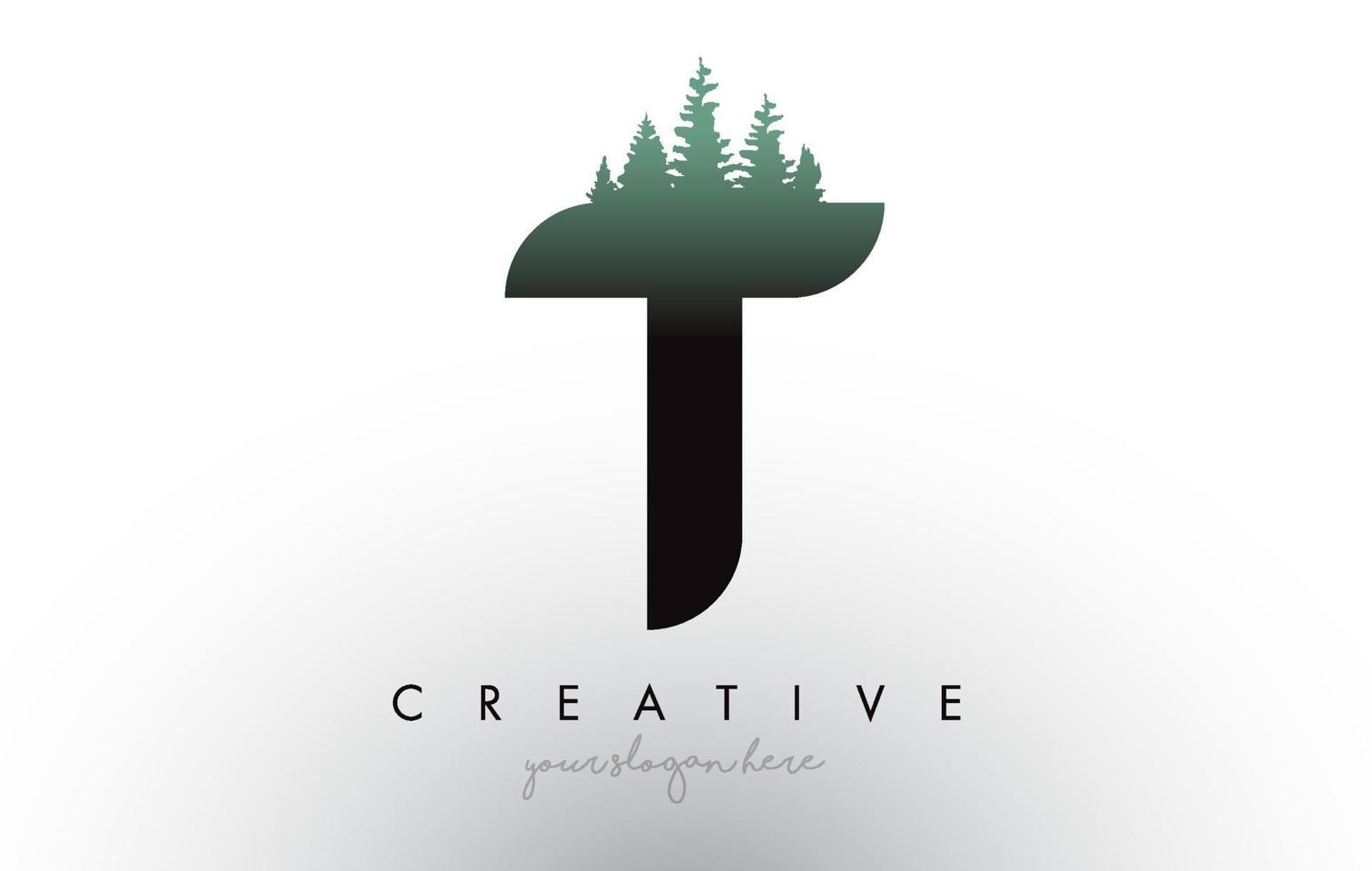 Creative T Letter Logo Idea With Pine Forest Trees. Letter T Design With Pine Tree on Top vector