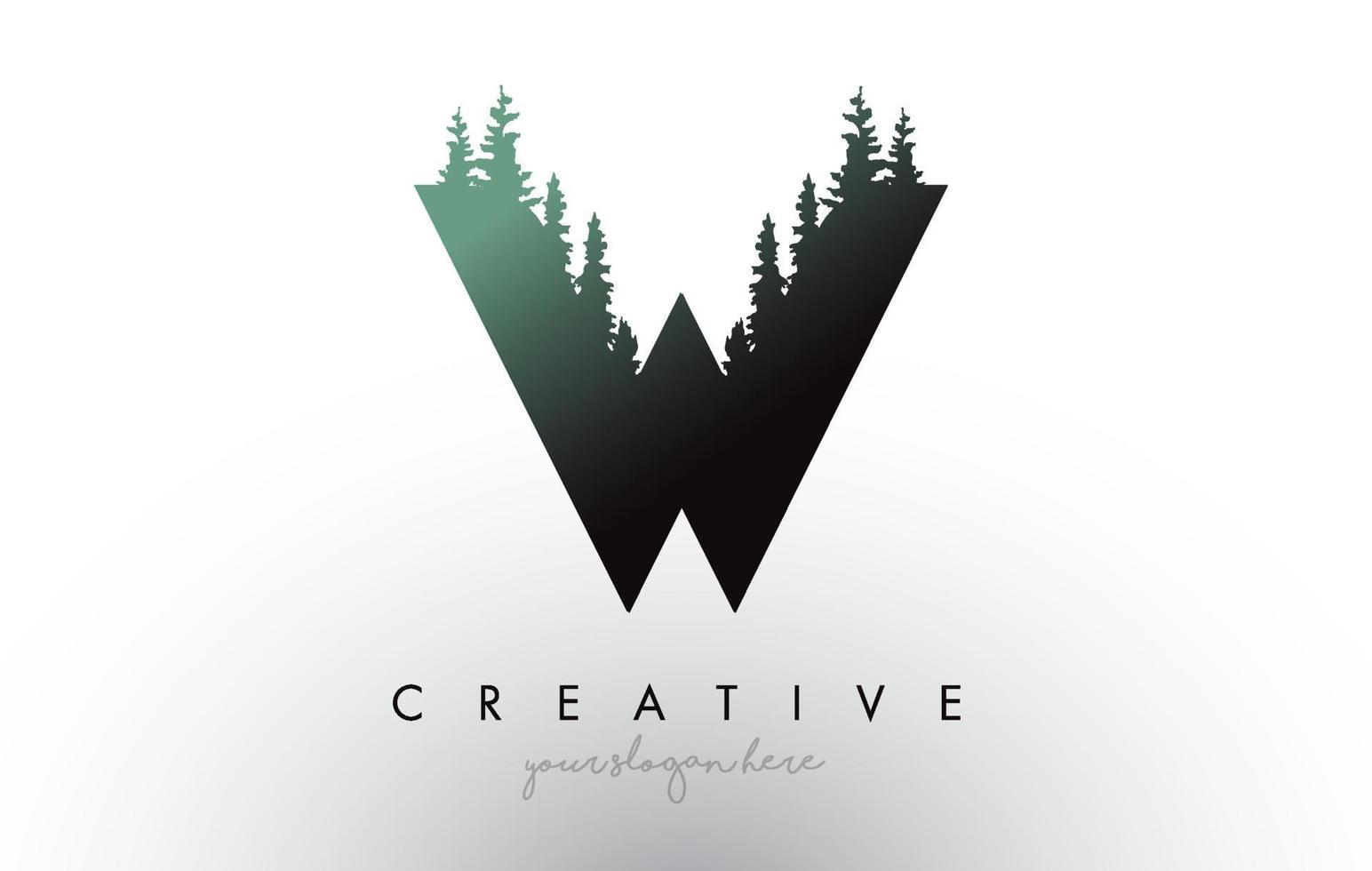 Creative W Letter Logo Idea With Pine Forest Trees. Letter W Design With Pine Tree on Top vector