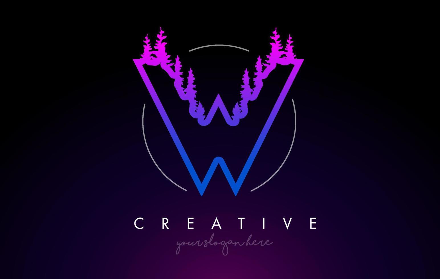 Creative W Letter Logo Idea With Pine Forest Trees. Letter W Design With Pine Tree on Top vector