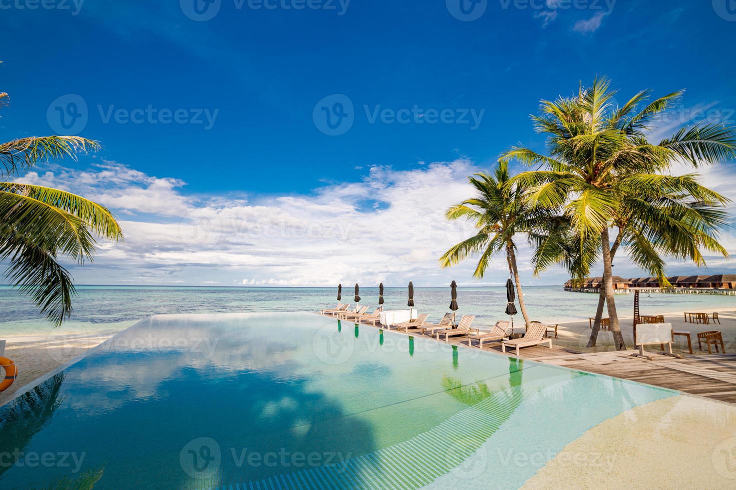 Outdoor tourism landscape. Luxurious beach resort with swimming pool and beach chairs or loungers under umbrellas with palm trees and blue sky. Summer travel and vacation background concept photo