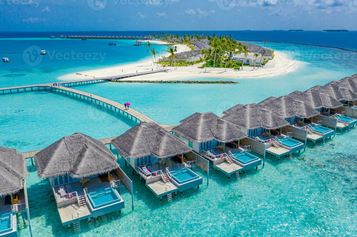 South Male atoll, Maldives 2019 - Aerial island view, water villas photo