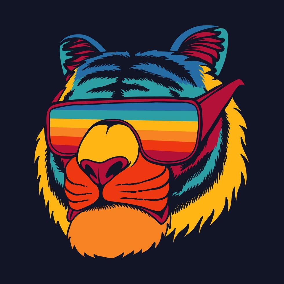 Tiger wearing eyeglasses retro colorful vector illustration