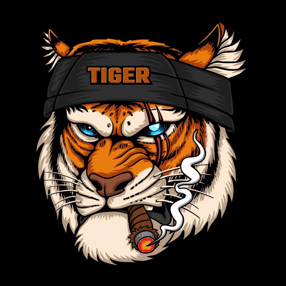 Cabeza de tigre con pañuelo mientras fuma ilustración vectorial vector