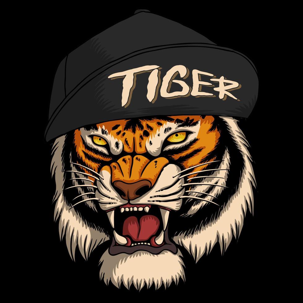 tigre enojado con ilustración de vector de sombrero fresco