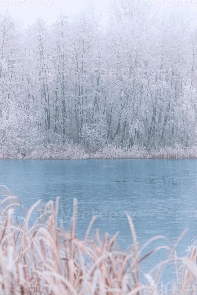 Winter forest river and lake landscape in snow nature. Sunrise in winter mountains. Mountain reflected in ice lake in morning sunlight. Amazing panoramic nature landscape in mountain valley. photo