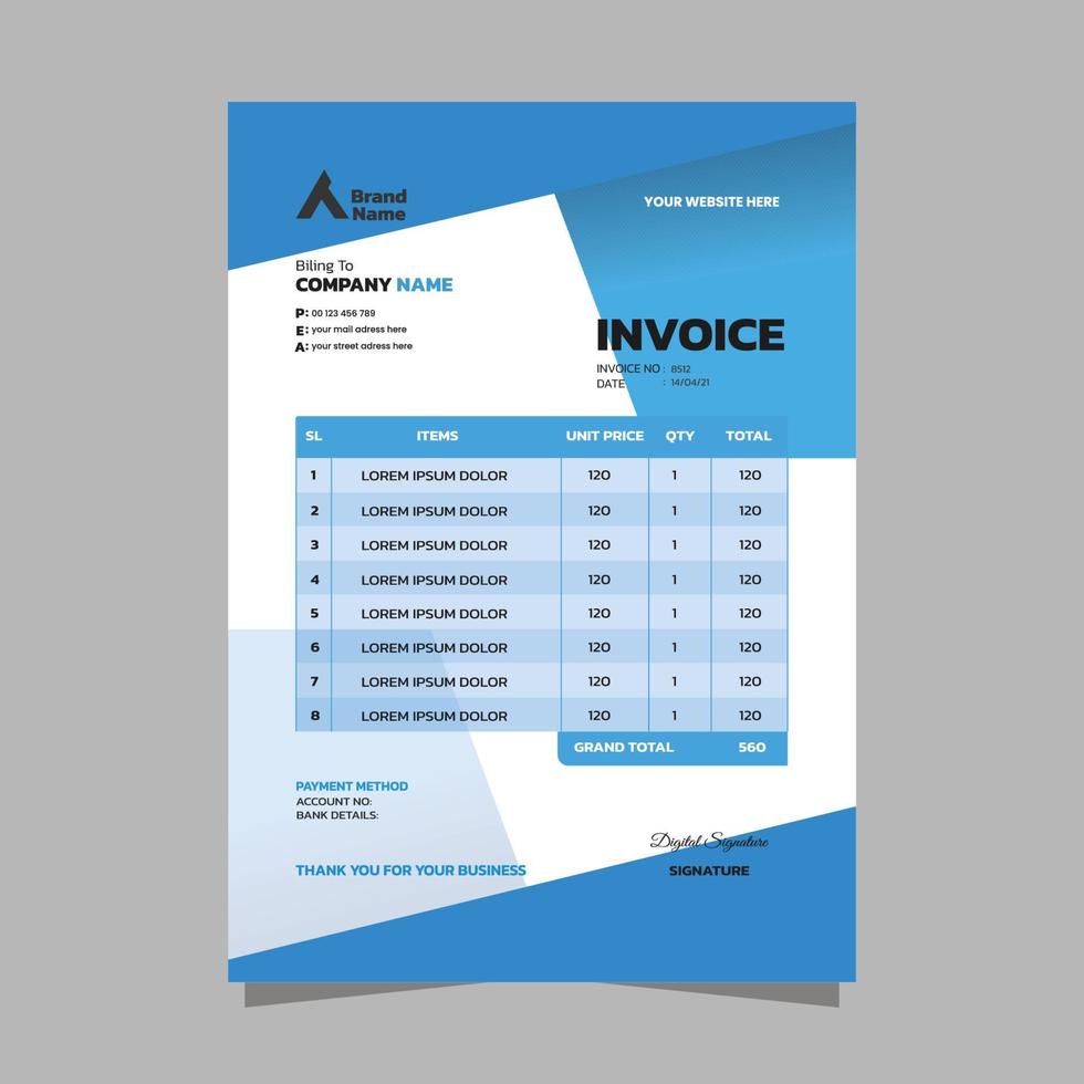Minimal Corporate Business Blue Invoice Print Template Design vector