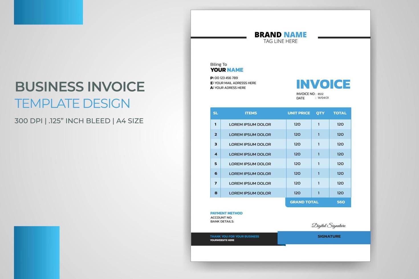 Minimal Corporate Business Blue Invoice Print Template Design vector
