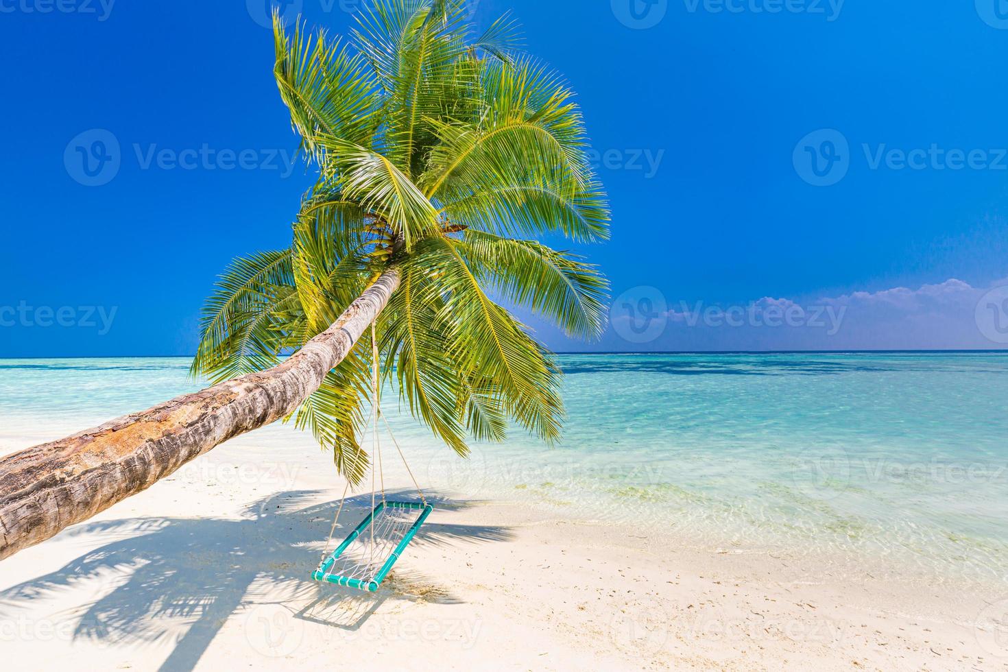 Beautiful tropical beach banner. White sand and coco palms travel tourism wide panorama background concept. Amazing beach landscape. Boost up color process. Luxury island resort vacation or holiday photo