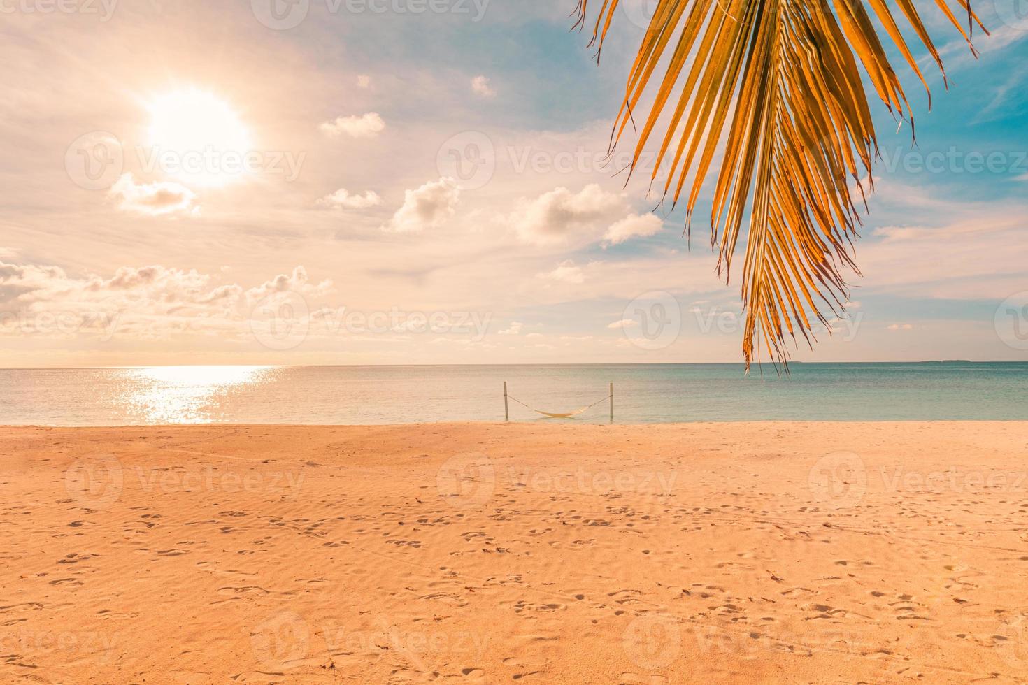 Hoja de palmera al atardecer con cielo colorido sobre un paisaje marino tranquilo, vistas a la orilla del mar. playa tropical escénica, exótico paisaje de verano. vacaciones, concepto de vacaciones foto