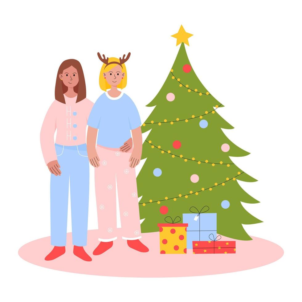 Couple of lesbian girls hug around a decorated Christmas tree and gifts. Concept of LGBTQ Christmas and New Year. Vector isolated illustration in flat style.