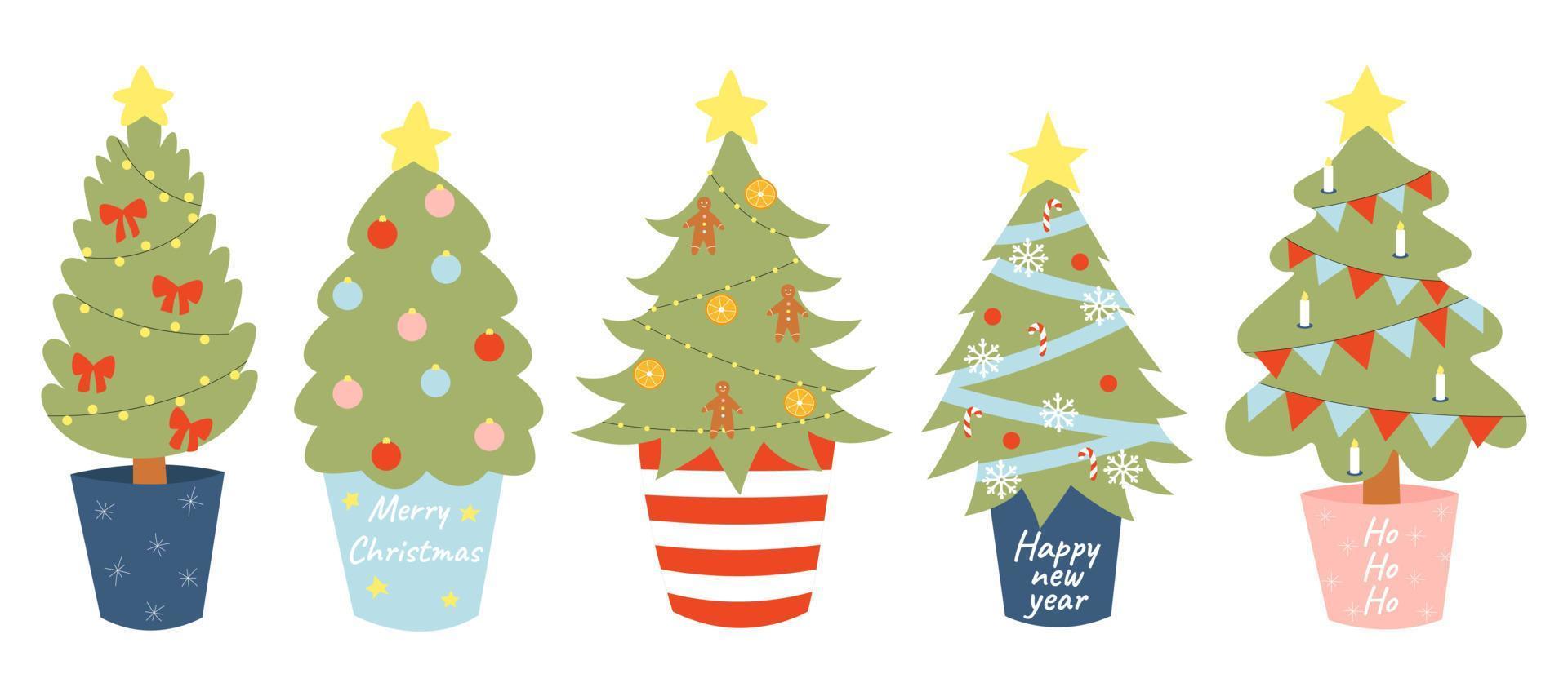 coloque el árbol de navidad en una olla, año nuevo ecológico, reutilización, cero residuos, vacaciones ecológicas. ilustración vectorial en estilo de dibujos animados aislado. vector