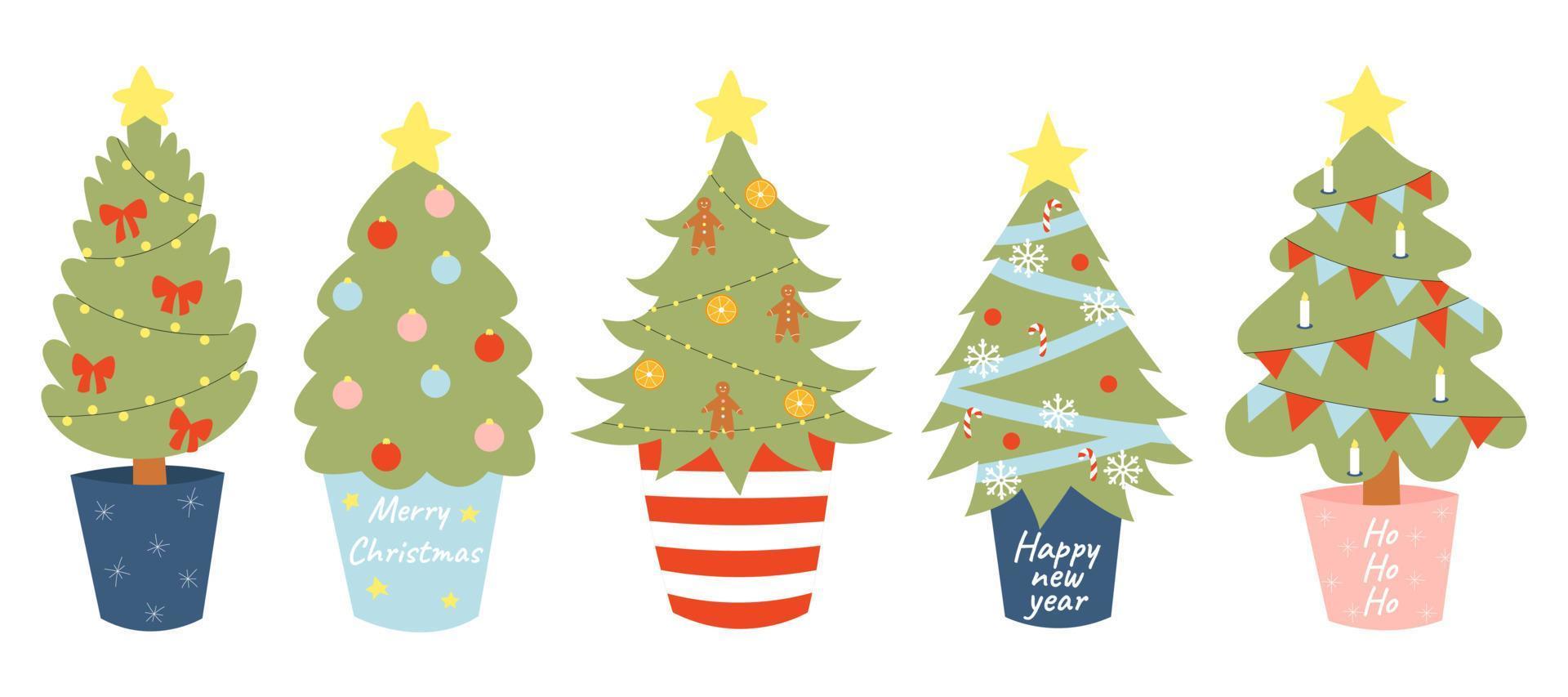 set christmas tree in pot, eco-friendly new year, reuse, zero waste, ecology holiday. vector illustration in cartoon style isolated.
