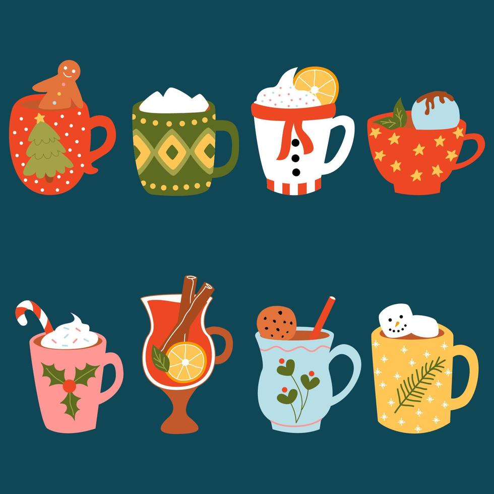 Cute set winter cozy hot drink. Hot chocolate, hot cocoa, hot mulled wine for christmas and new year card, typography poster, label, brochure, flyer, page, banner. Vector illustration in flat style.